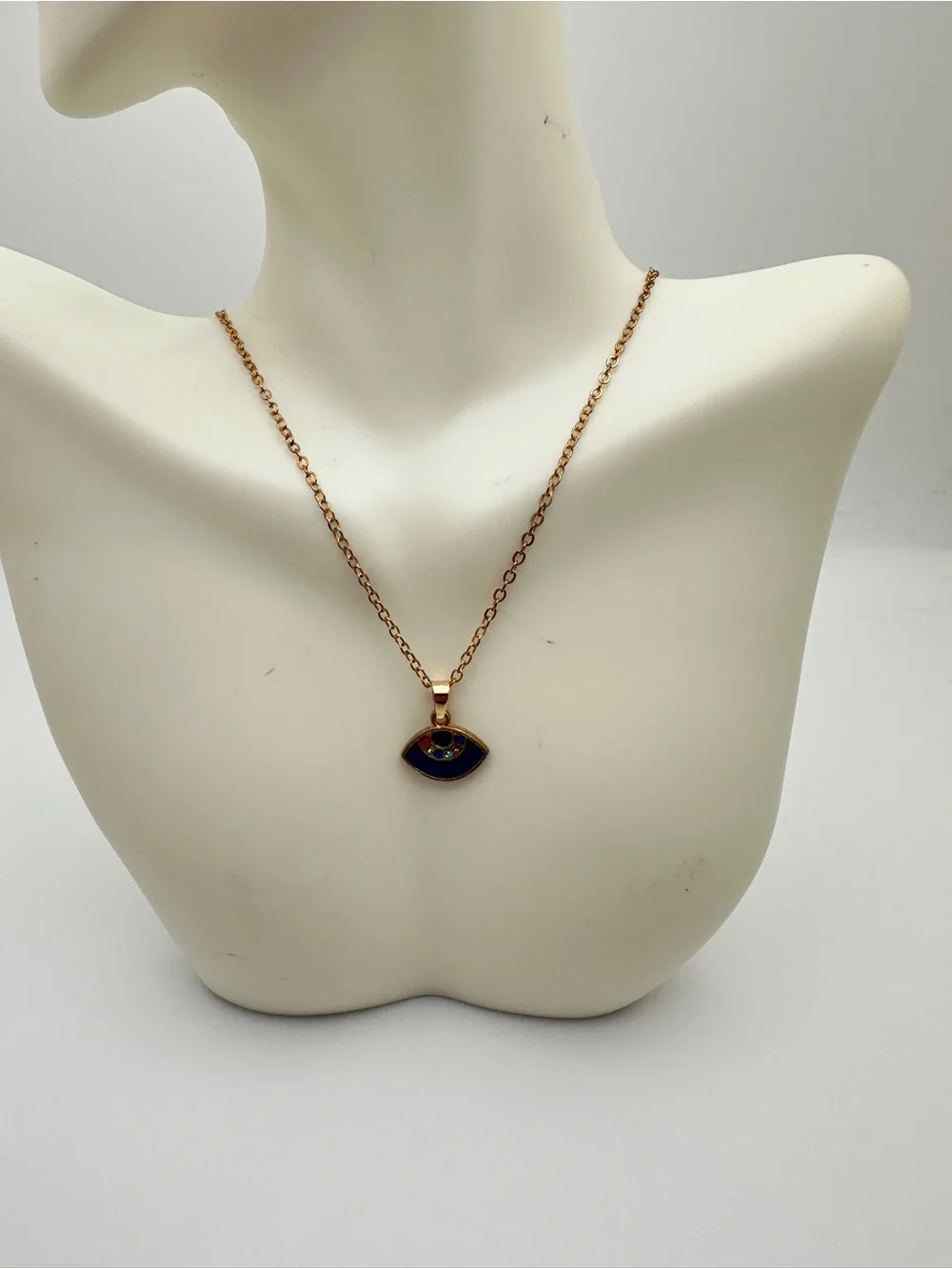 Gold-Tone Evil Eye Pendant Necklace with Blue Enamel and Multicolor Stones